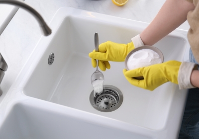 Woman using baking soda to unclog sink drain, closeup